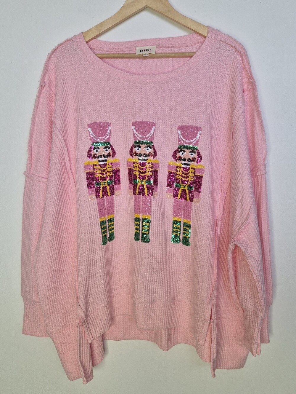 BiBi Sequin Nutcracker Pink Waffle Knit Oversized Holiday Top XL